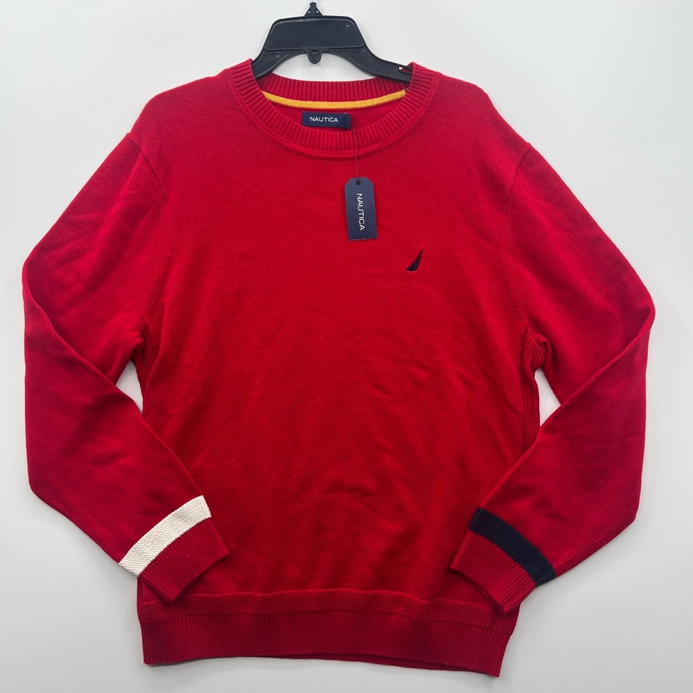 NEW Nautica Mens Red Cotton Crew Neck Sweater Long Sleeve‎ Size L Preppy